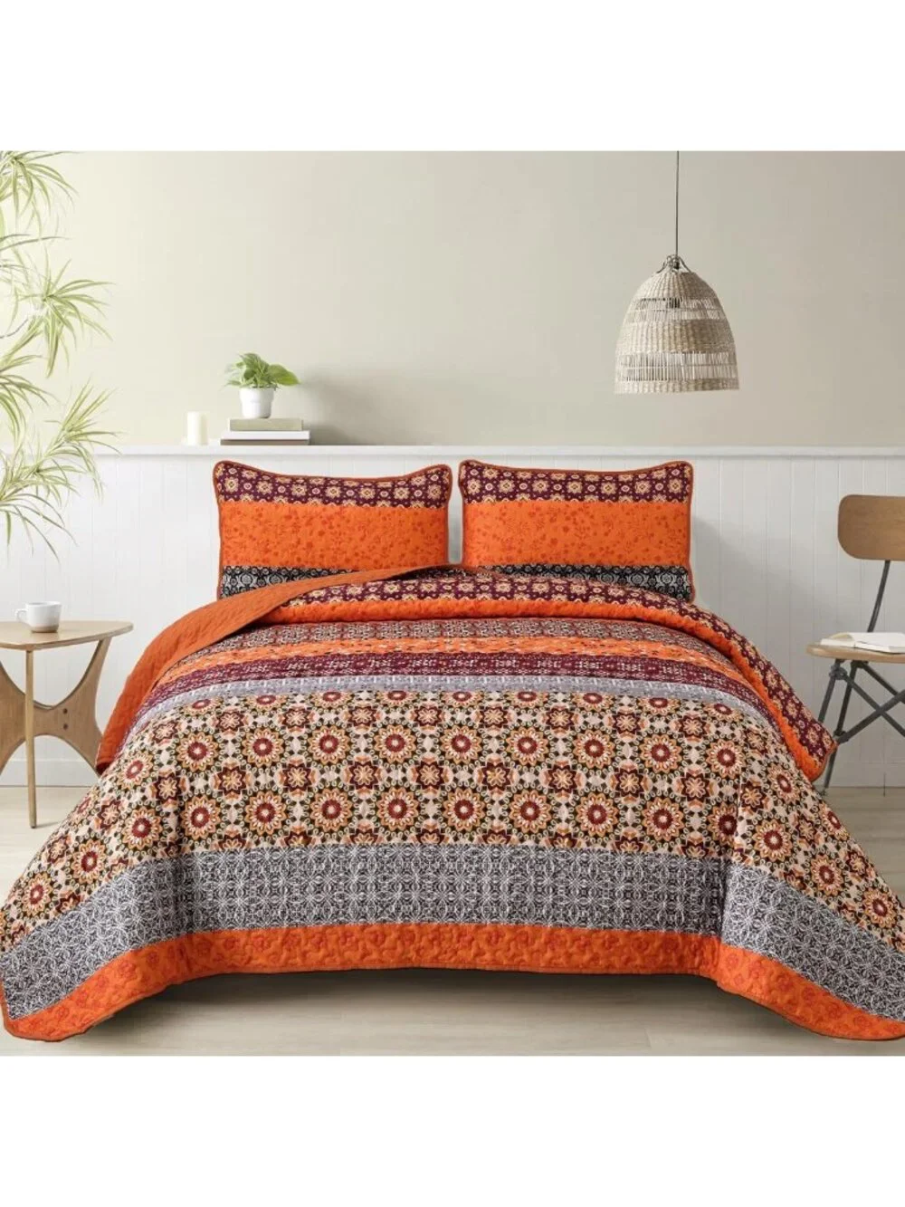 Boho King Quilt Set - 3 Piece Orange Floral Striped Bedspread for Cozy Decor